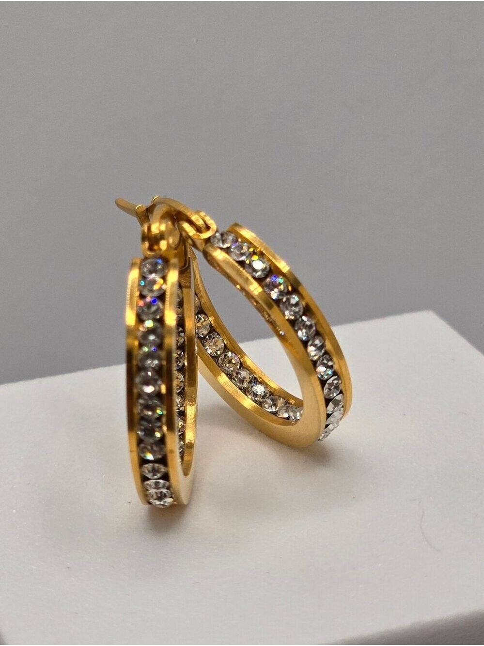 Steeltime 18K Gold Plated Stainless Steel Crystal Hoop Earrings New - Picture 10 of 15